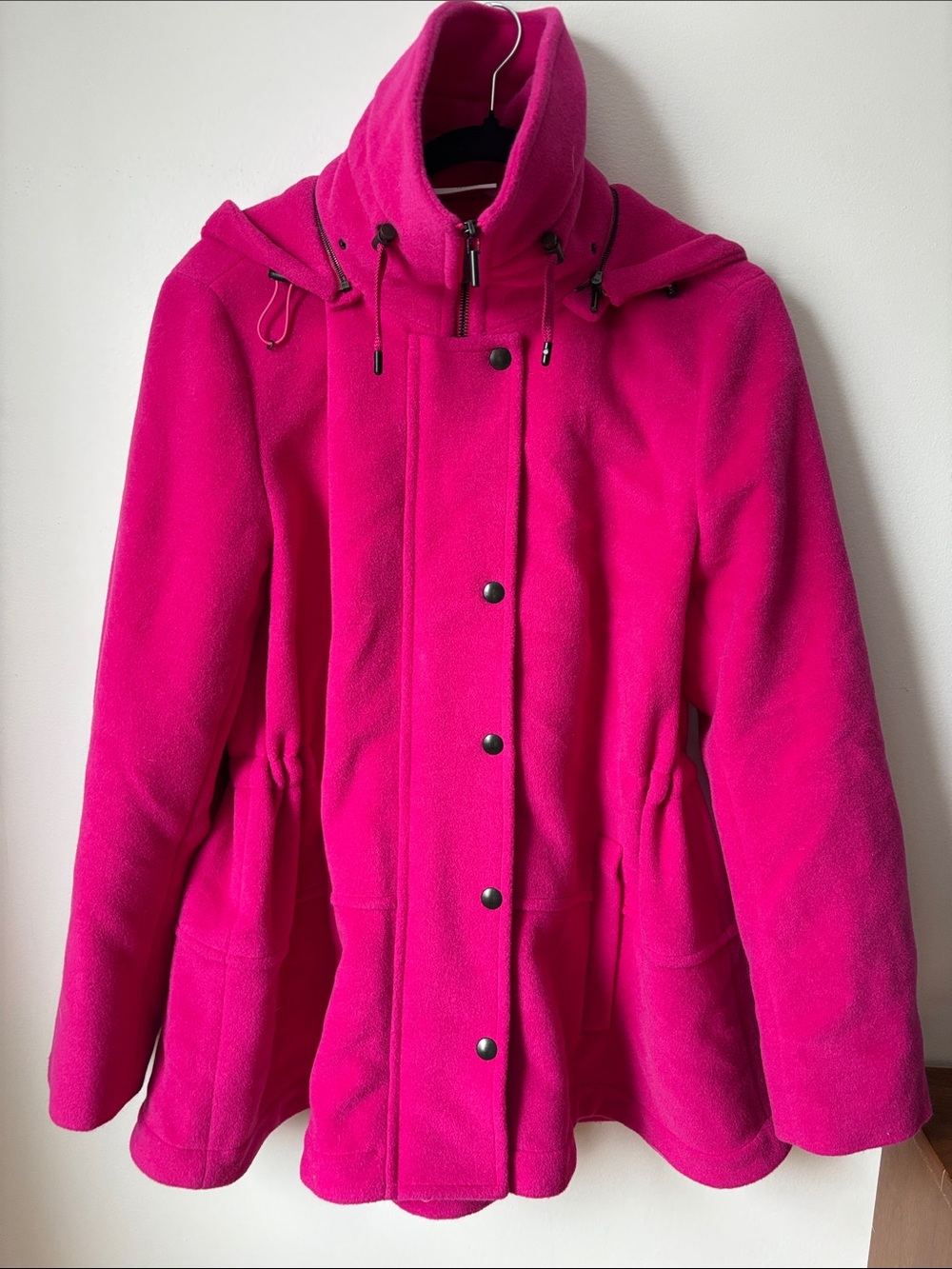 Akris Punto Fuchsia Pink Wool Angora Hooded Parka Jacket Cinch Waist US 10